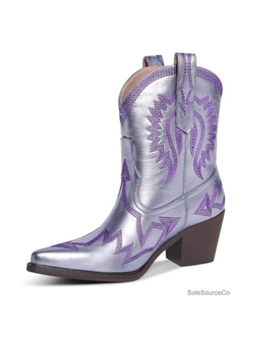 Metallic PU Leather Ankle Cowboy Boots Pointed Toe Chunky Heel Western Booties